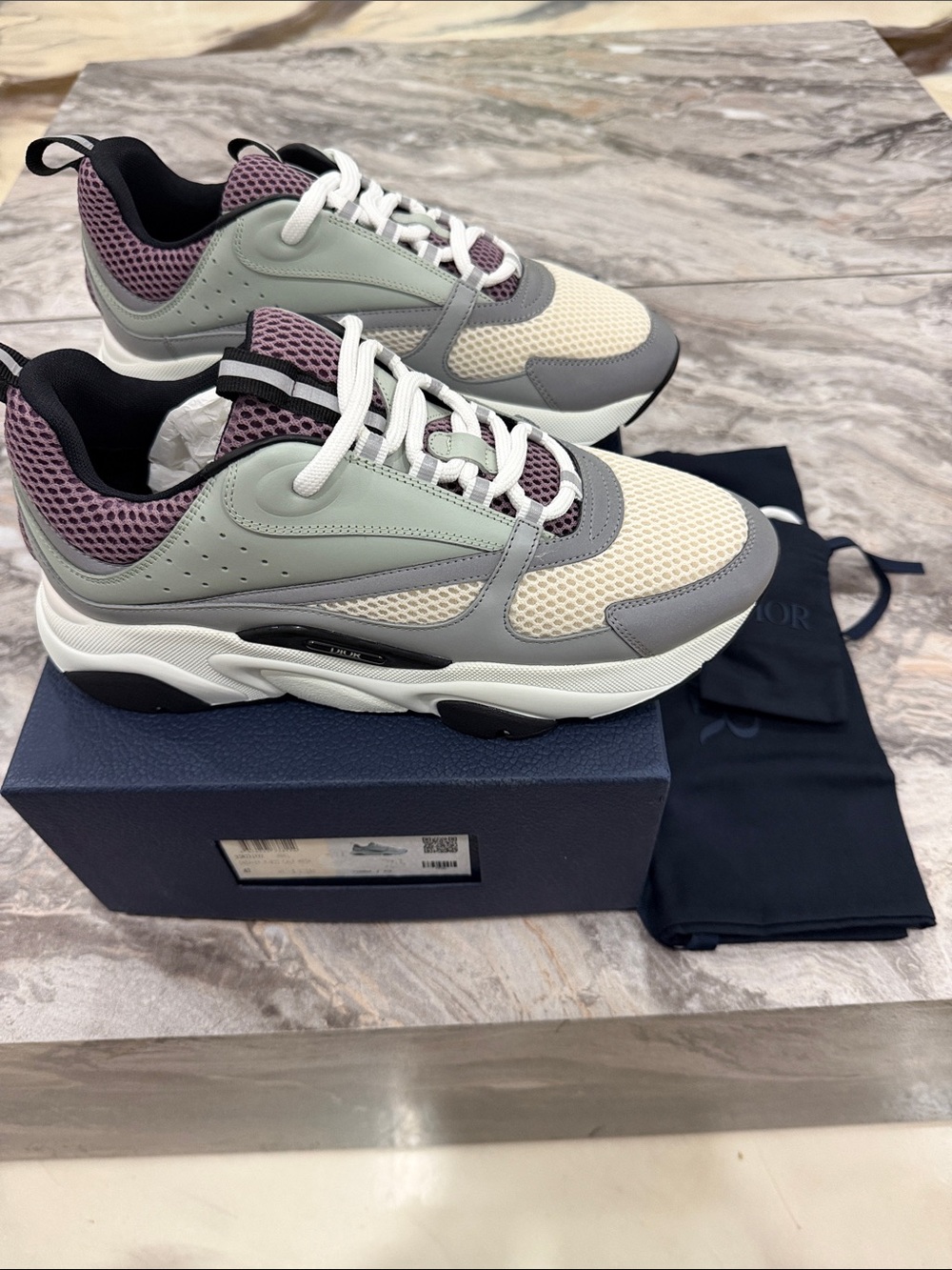 Dior Men’s B22s calfskin mesh Sneakers in Cream, Gray & Purple